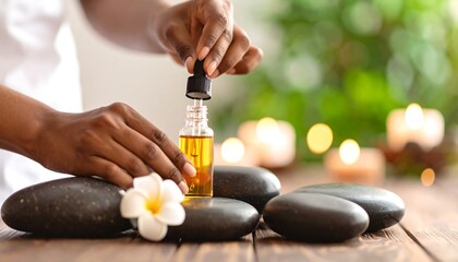 Hand Opening Essential Oil Bottle Above Smooth Black Stones on Wooden Table with Soft Background and Spa Atmosphere