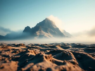 Distorted topography evokes a phantom island, its edges blurred by soft, diffused light, captured from ground level,  surreal,  existence