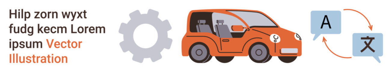Artificial intelligence, autonomous driving, language translation, communication, machine learning, technology processes. An orange car with icons of translation and a gear. Autonomous driving and AI