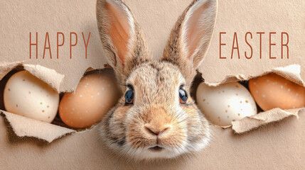 Happy easter holiday greeting card banner, funny animal concept with text - Easter bunny rabbit peeking out of a turn hole with easter eggs, brown craft paper background