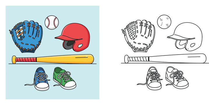 Baseball Equipment Vector Illustration and Coloring Page Set Featuring Glove, Bat, Helmet, Ball, and Sneakers for Sports Education, Kids Activity, and Hobby Themed Designs (181 characters)
