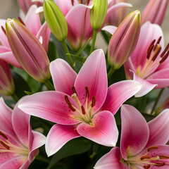Fototapeta premium Pageant of Pageant Pink Lilies in Full Bloom with Delicate Petals and Vibrant Stamen Close-up