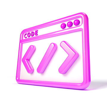 A 3D icon of a code editor window isolated on a white background with pink accents