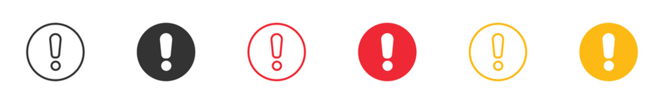 Exclamation Mark Alert Icon Set. Attention Notification Symbols. Round Warning Icons in Outline and Solid Style, Black Yellow Red Alert Vector Illustration.