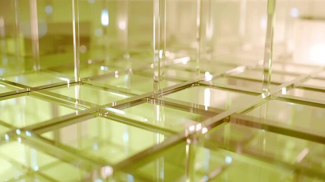 Transparent Glass Cubes Arranged in Geometric Grid Pattern with Soft Green Illumination
