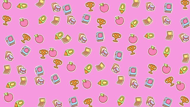colorful composition featuring apple, book, computer, trophy, cone pattern on pink. Ideal for tech or education concepts.
