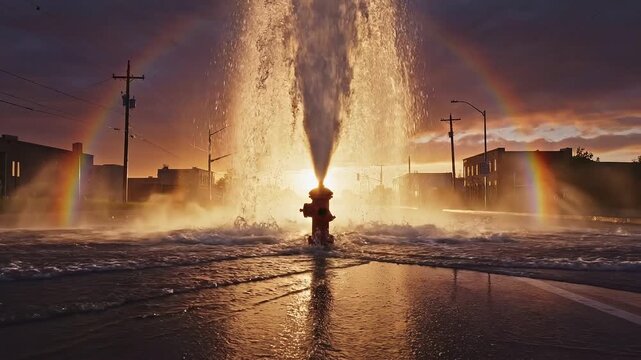 Fire hydrant spraying water with rainbows in sunset city street  
