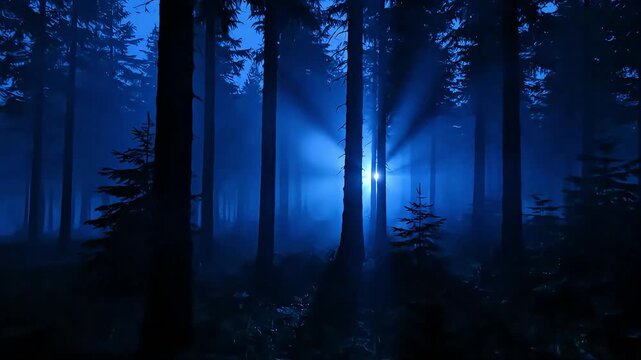 Misty forest landscape illuminated by blue moonlight shining through tall trees at dusk