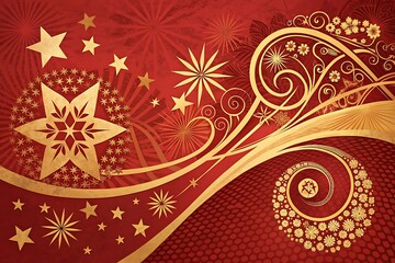 Elegant golden stars and swirling floral patterns on a rich red background