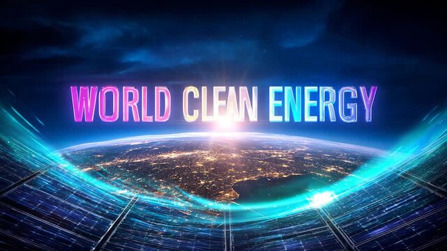 Bright colorful World Clean Energy text centered over futuristic renewable grid landscape, solar panels wind curves and clean sky with optimistic eco lighting