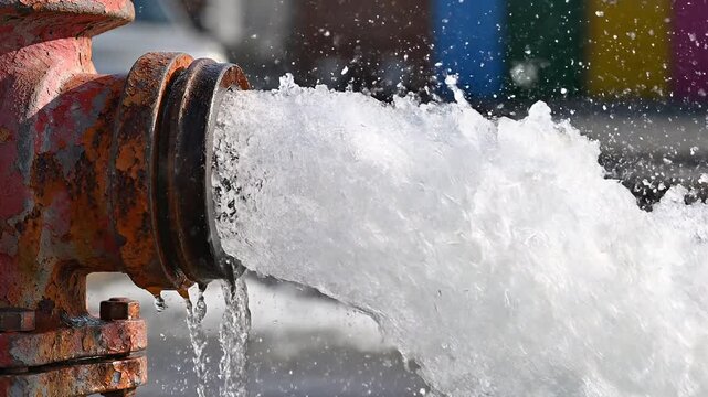 Open fire hydrant spraying water in urban environment  