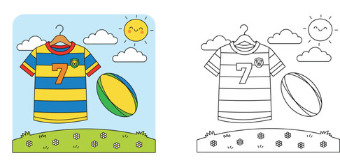 Cute Rugby Jersey with Number 7 and Sports Ball Coloring Page for Kids, Cartoon Sports Shirt Illustration with Sun and Clouds Outdoor Scene for Education and Leisure