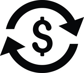 Money exchange vector icon, black dollar symbol with circular arrows representing currency conversion and financial transactions isolated on white background for business