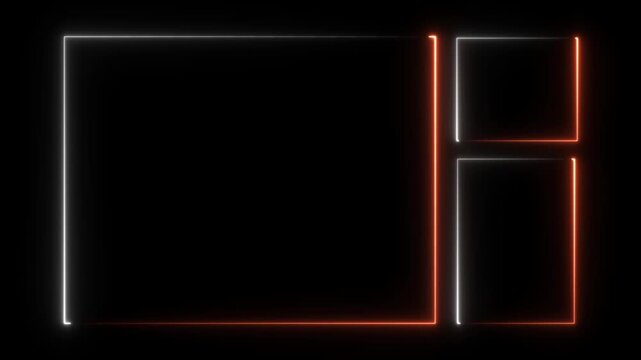 Glowing orange and white neon rectangular frames arranged in a layout with a large rectangle and two smaller stacked rectangles on a black background creating a digital interface or overlay