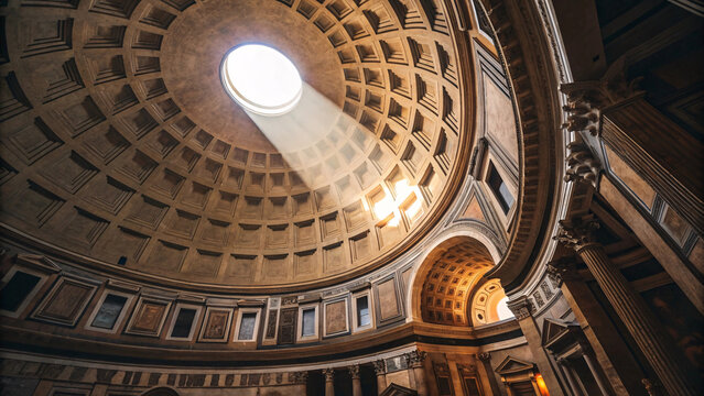 Ancient Roman Dome Architecture Interior with Oculus and Sunlight