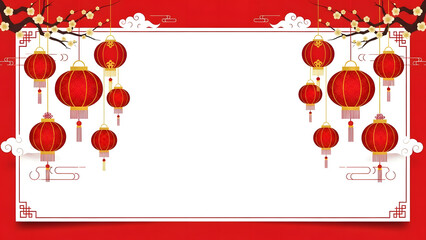 Festive Chinese New Year Floral Frame with Red Lanterns