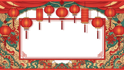 Festive Chinese New Year Floral Frame with Red Lanterns