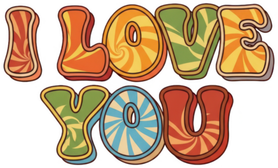 Psychedelic love png Groovy text cutout Retro lettering png Vintage phrase cutout Colorful word png Vibrant message cutout Playful typography png Romantic isolated transparent background image