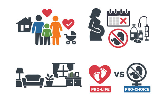 A set of icons on the topic of the abortion debate (pro-life vs pro-choice), designed in a simple, symbolic flat/minimal style using silhouettes, hearts, colours and classic visual metaphors.