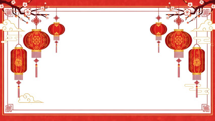 Festive Chinese New Year Floral Frame with Red Lanterns