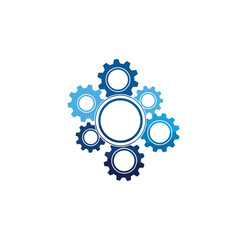 Fototapeta premium A cluster of blue gears and cogs arranged in a circular pattern, symbolizing interconnectedness and mechanical processes.