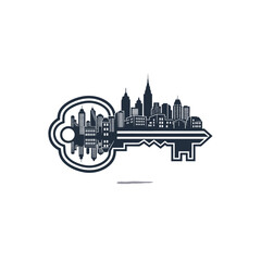 Fototapeta premium A stylized illustration of a cityscape integrated into the shape of a key, symbolizing urban access or real estate.