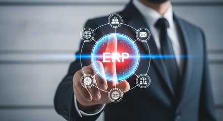 Businessman interacting with erp system interface