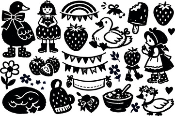 Whimsical kids doodle sheet of hand drawn strawberry girl and duck icons in playful banner layout with bold black ink