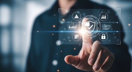 A person interacting with a futuristic cybersecurity interface