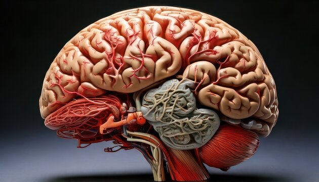 Detailed anatomical model of the human brain showcasing its intricate structure.