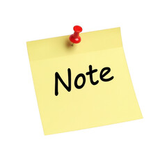 Yellow note with red pushpin isolated on transparent background