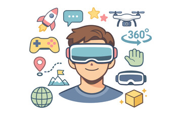 Vector illustration in flat/minimal cartoon style. A young man in a T-shirt, wearing stylish pink VR glasses. Colourful icons are scattered chaotically but harmoniously around the character.