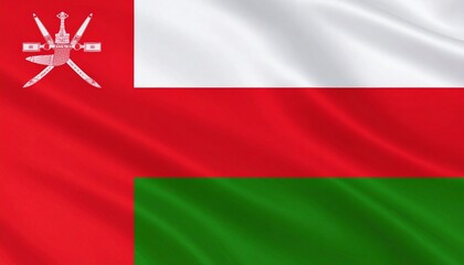 Obraz premium Oman national flag with white, red, and green stripes, vertical red band with emblem of crossed swords and khanjar.