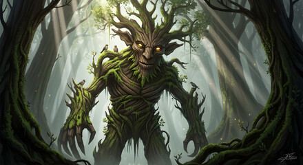 Fantasy tree spirit with glowing eyes standing in enchanted forest, mystical mood, mythical creature concept against sunlit misty backdrop