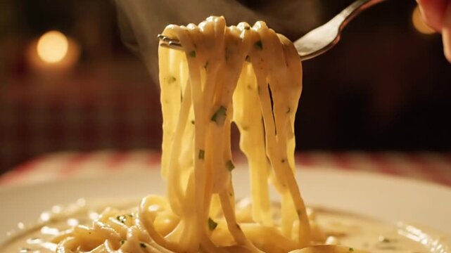 A steaming hot plate of creamy pasta being lifted by a fork in a cozy dining setting