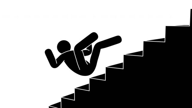 Stickman falling down the stairs, bouncing down in a humorous cartoon accident. Fail concepts, mistake metaphors. Seamless animation with alpha channel