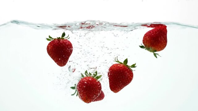 Strawberries splashing in water, fresh fruit motion