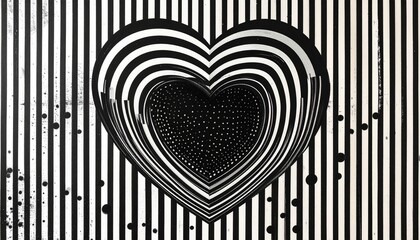 Black and white striped optical illusion heart with concentric layers and ink splatter on vertical background
