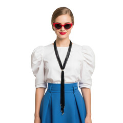 Stylish woman in sunglasses and tie blouse isolated on transparent background