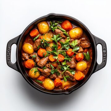 Overhead view of hearty beef stew with tender meat, golden potatoes, bright carrots, and fresh parsley served in a cast iron pot on a white background.