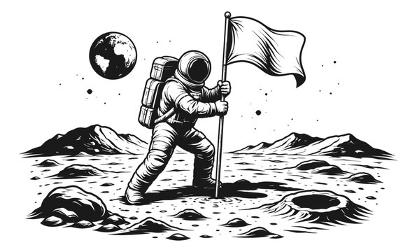Hand drawn illustration of an astronaut depicting planting a flag on the moon for space exploration