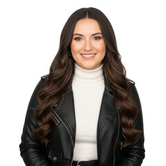 Smiling woman in leather jacket isolated on transparent background