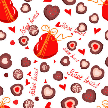 Seamless pattern of chocolate candies on a white background. Flat style illustration