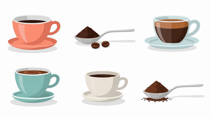 Six different cups of coffee and coffee beans displayed