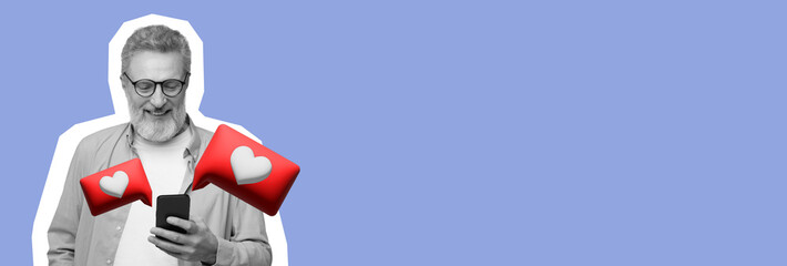 A man stands smiling while looking at his phone. Two large heart icons float beside him, suggesting he is engaged in a joyful conversation. The background is a simple blue color.