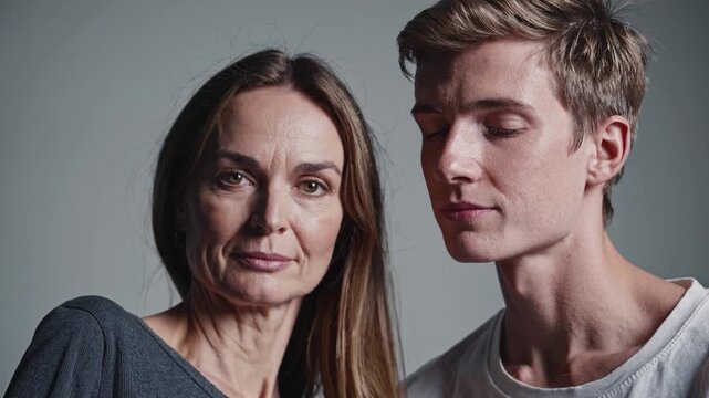 Portrait of a caring mother and her adult son looking at the camera. Family bond and intergenerational relationship concept on a gray background