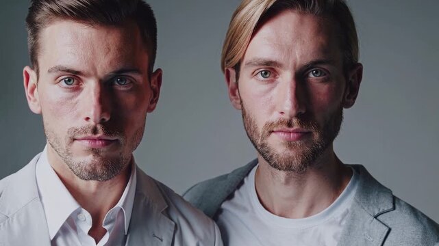 Two young caucasian twin brothers standing side by side and looking directly at the camera. Concept of family, genetics, and brotherhood