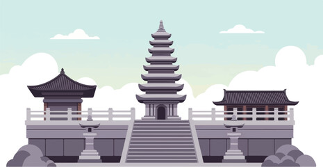 Ornate multi-tiered pagoda with flanking pagodas, stone lanterns, and stairs
