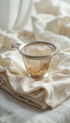 Delicate tea strainer on a crumpled ivory napkin with soft fabric folds, shallow focus