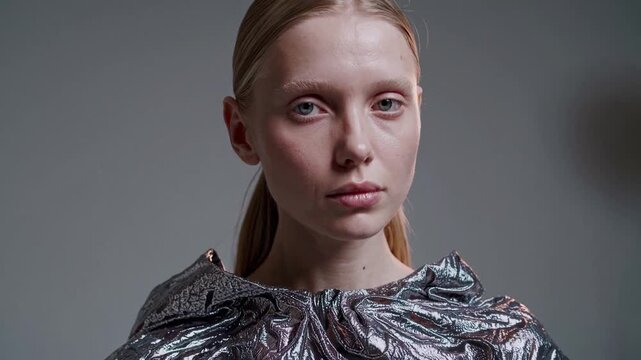 Young female model with blonde hair in a ponytail wearing a futuristic silver top. Serious woman looking at the camera during a photoshoot
